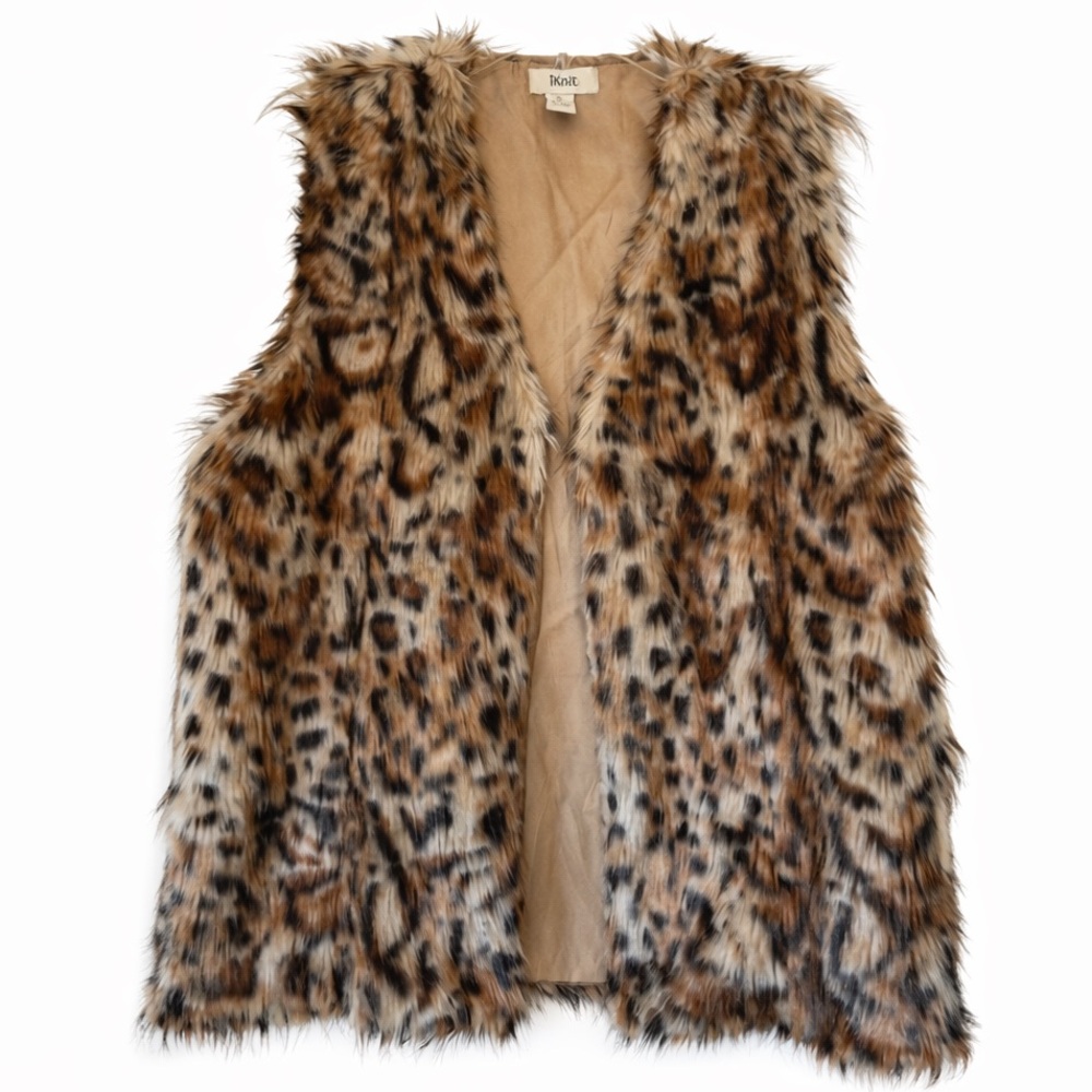 Iknit Faux Fur Leopard Vest brown tan size M